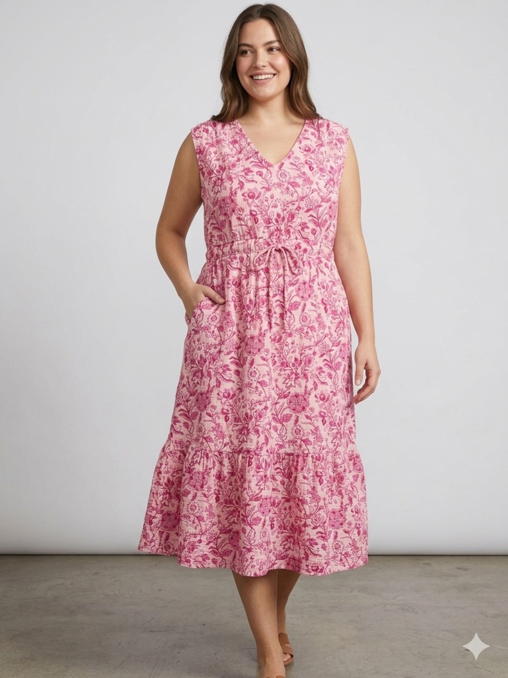 Wonderly Sleeveless boho Pink‎ Floral Gauze Midi Dress with Pockets Size Medium